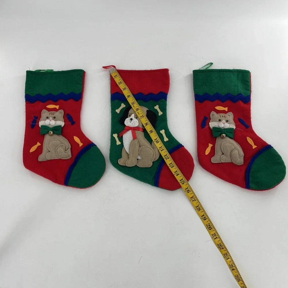 3 Set Vintage Felt Christmas Stockings 3D Plush Dog Puppy Cat Kitten Kitty 15.5